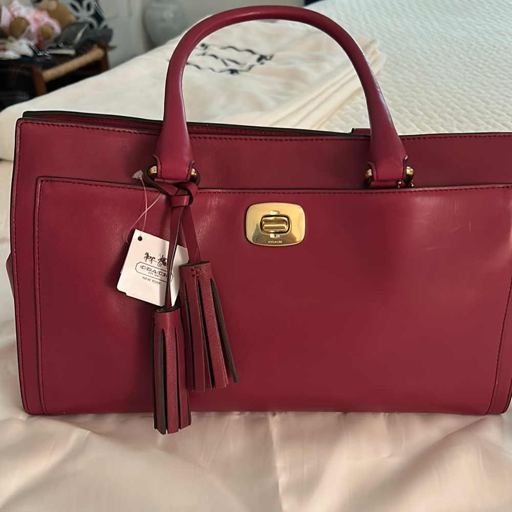 NWT Coach 13" long Leather Tote in Deep Port (not an outlet bag)